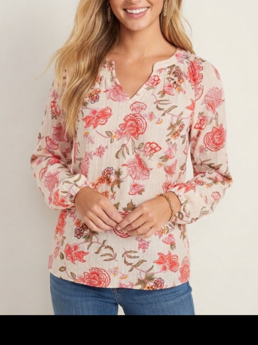 Talbots White Graceful Floral Smocked Peasant Metallic Top Small 39936